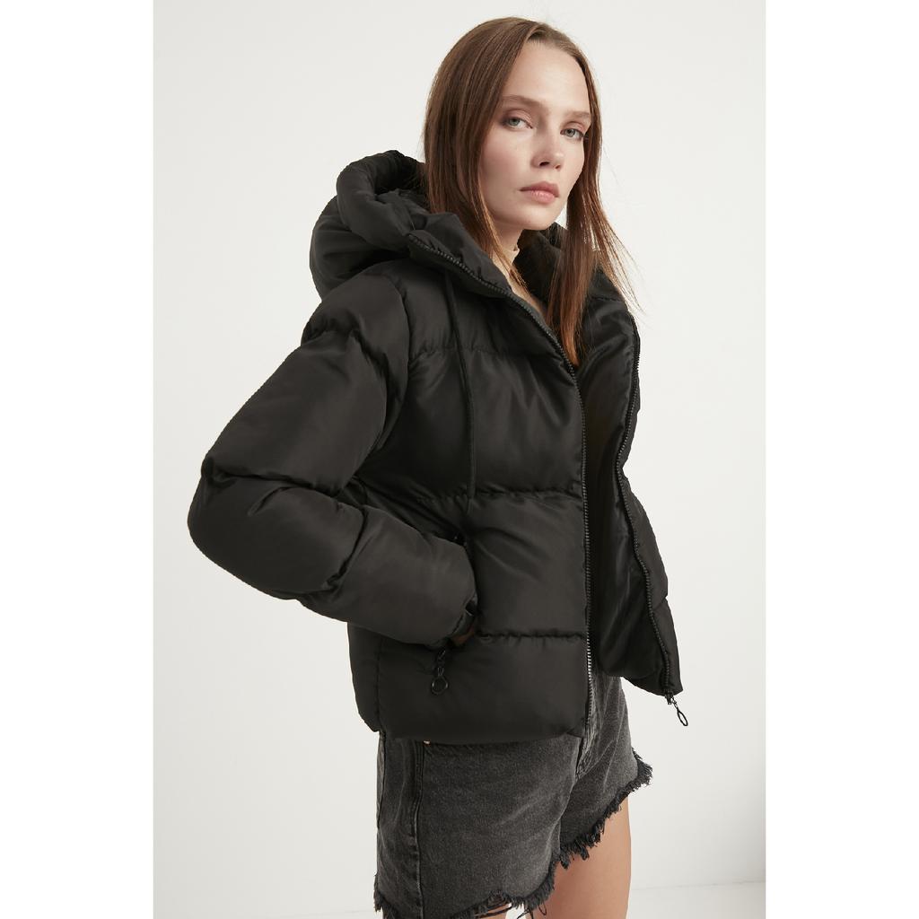 Schwarzer, aufblasbarer Mantel mit Kapuze für Damen, Ss