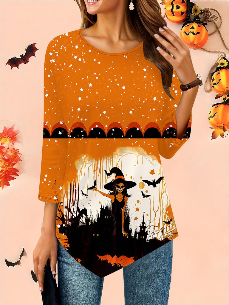 Women's Loose Round Neck Three Quarter Sleeve Tee 3D Halloween Pattern Ideal Halloween and Christmas Gift