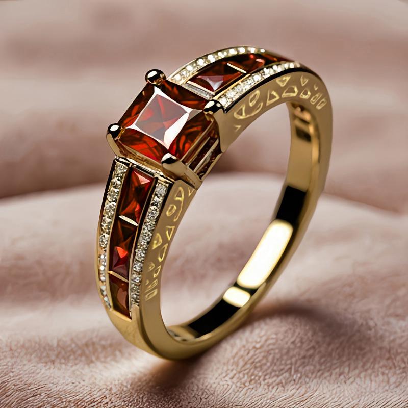 Royal Red Princess Cubic Zirconia Ring for Luxury Wedding Gold Color Women Accessories Trendy Party Charming Jewelry Gift