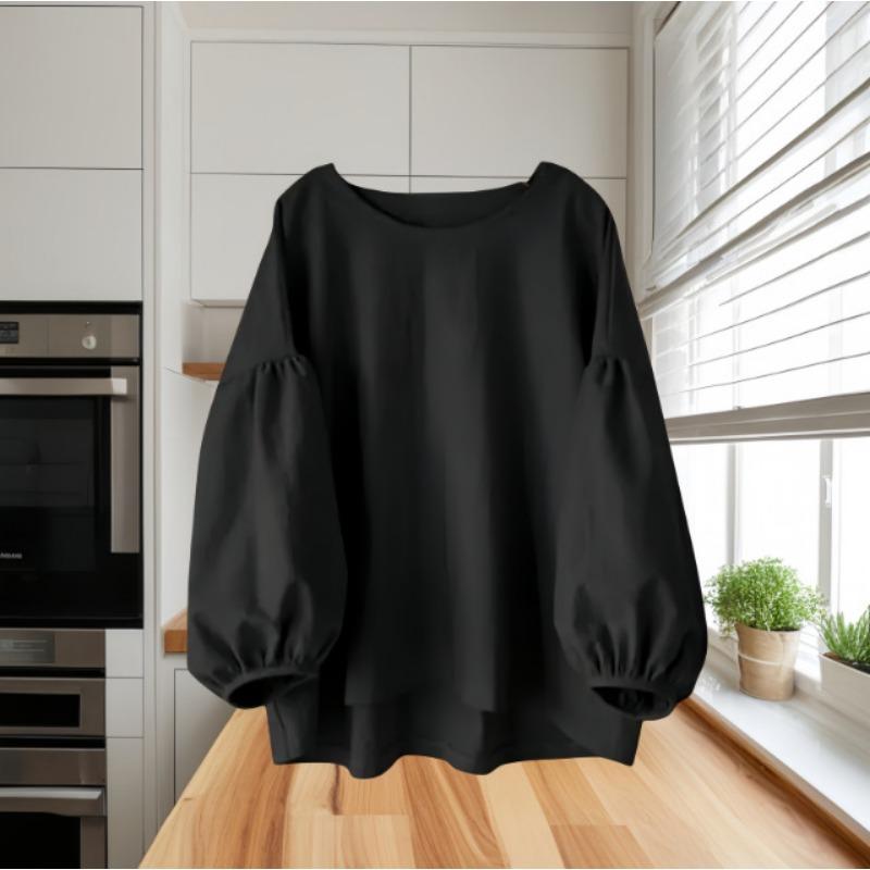 

YYFS женские модные повседневные весенне-осенние однотонные блузки и рубашки с круглым вырезом и длинными рукавами с принтом XXXL чёрный