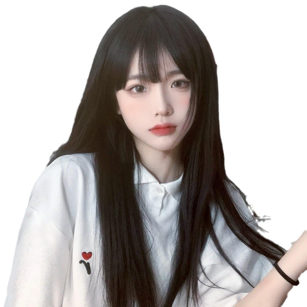 Si Yun Women's Long Black-Brown Wig with Air Bangs, Natural Straight Hair, Suitable for Round Faces, Full Coverage for Autumn/Winter.