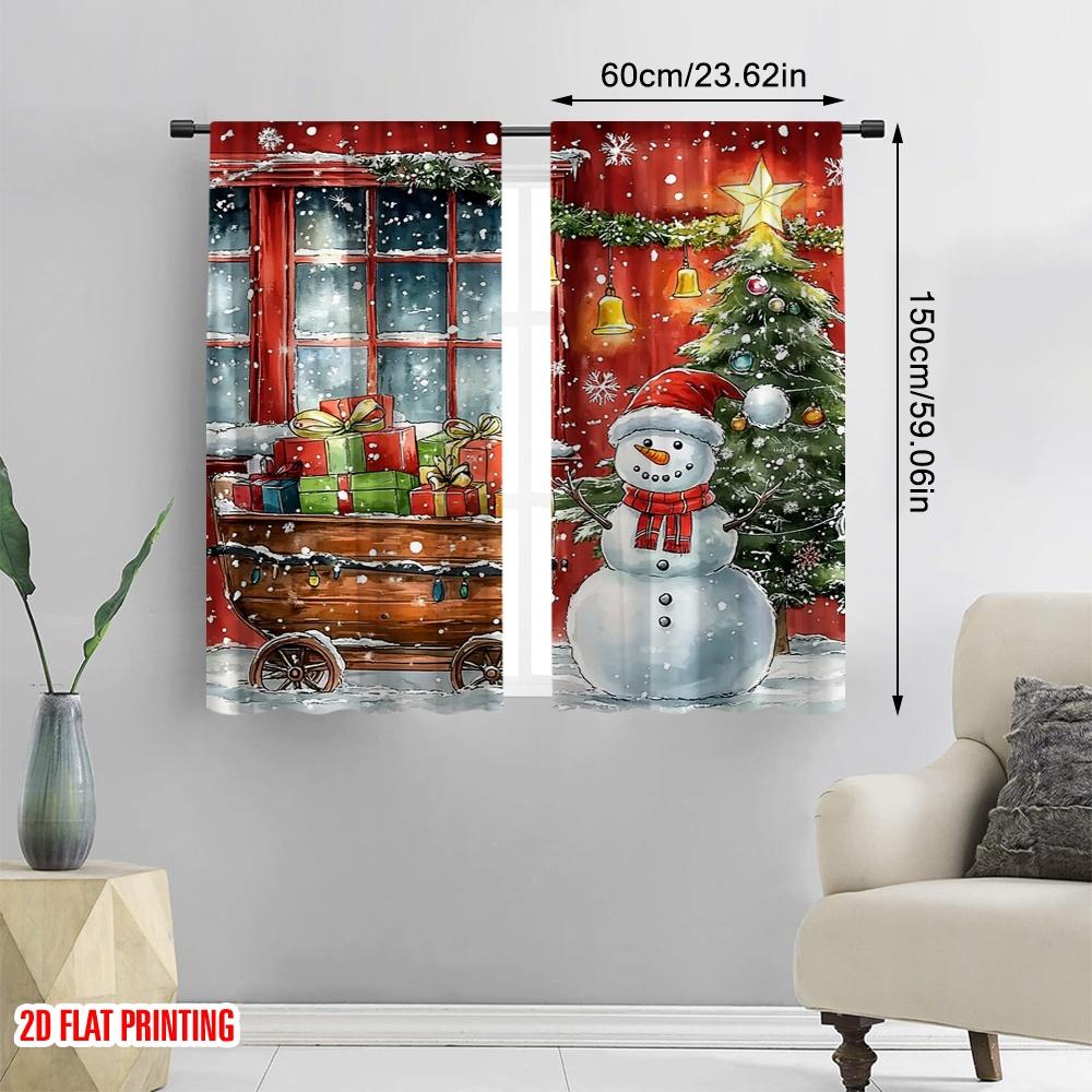 2pcs 2D flat printing Merry Christmas Popular Curtain Snowmen and Christmas trees3 100% Polyester Without Electricity Holiday