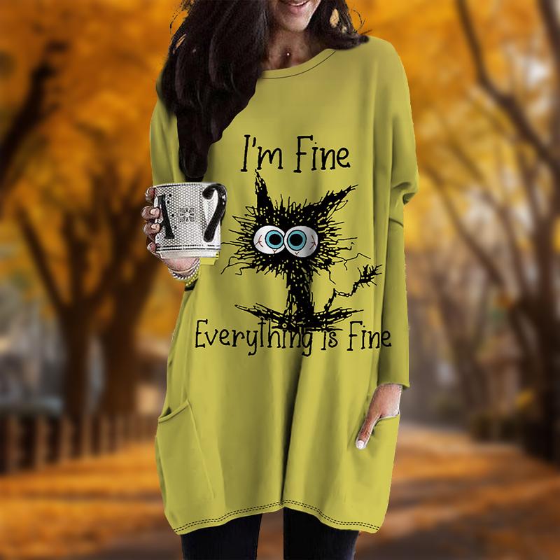 New In Autumn Melancholic Cat Print Plus Size Dress Women O'neck Long Sleeves Casual Pocket Dresses