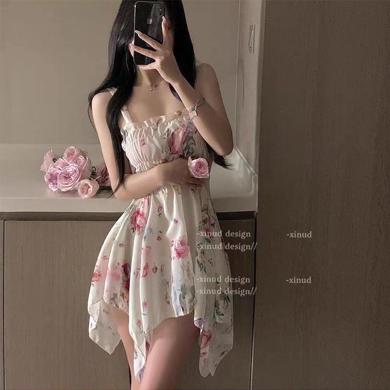 Honey Love French Floral Ruched Bandeau Spaghetti Strap Lingerie Dress