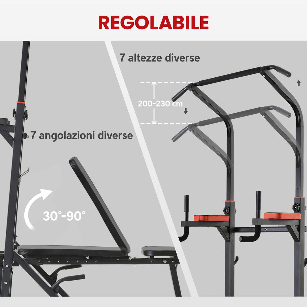 Folding Power Tower, Multifunction Fitness Station Adjustable In 7 Positions with Pull-Up Bar, Dip Station, Pull UP Station and Flat Bench In Steel