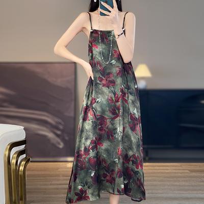 Women's Silk Satin Spring and Summer Floral Halter Dress Show Temperament Elegant Loose National Style Slimming Dress