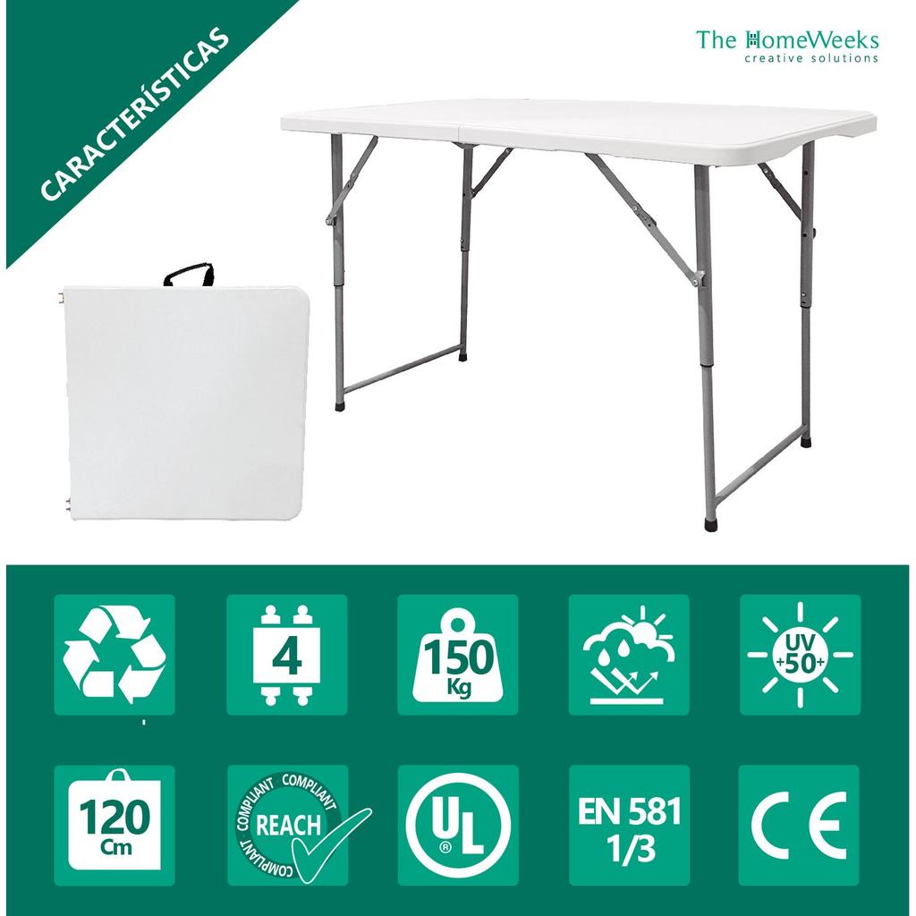 Folding Table Public Use Solid 120 X 60 X 48/61/74cm Adjustable Height. Portable, HDPE Board 4 Adults, Multipurpose Garden Catering The HomeWeeks