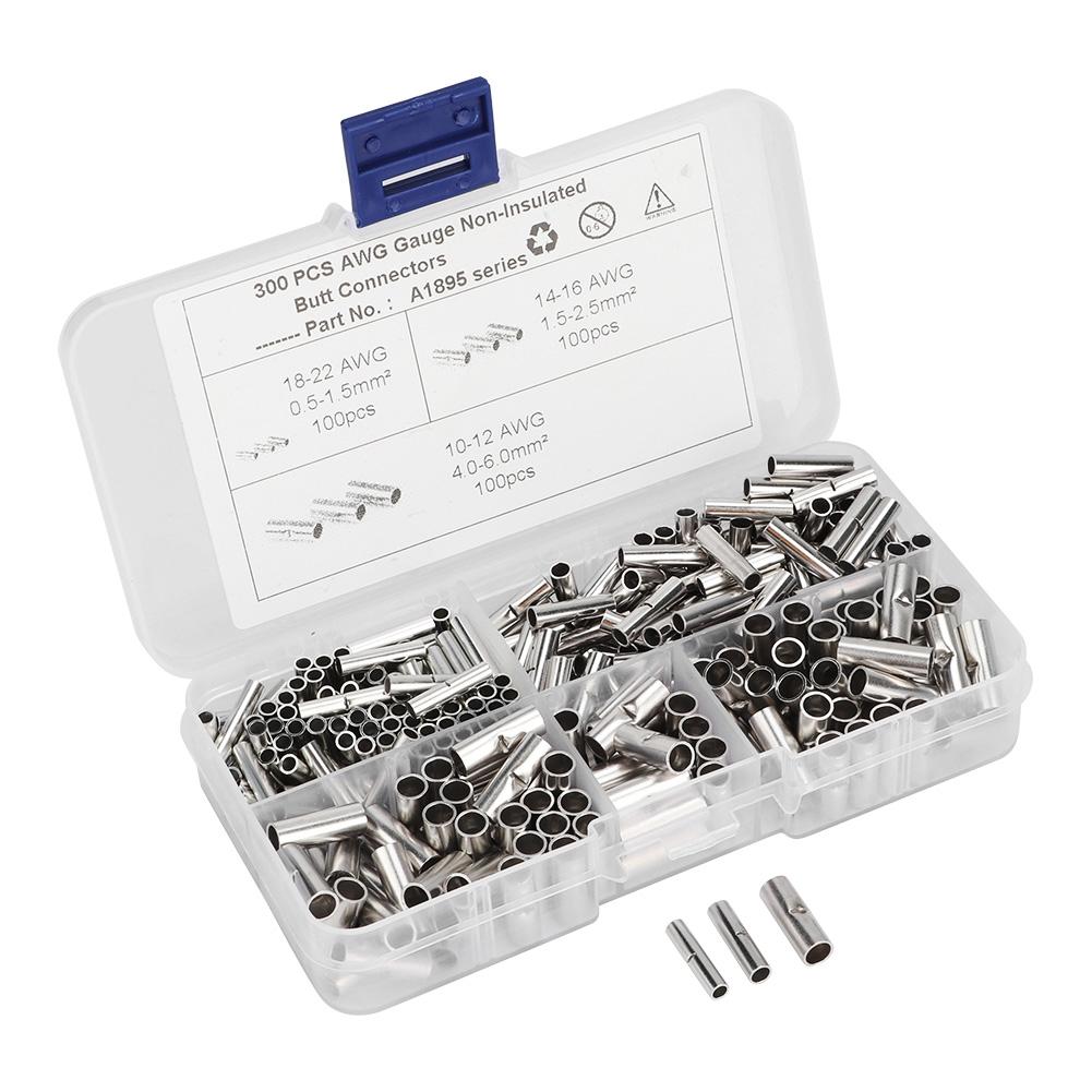300Pcs Non Insulated Copper Butt Splice Wire Connector Tinned Crimp Terminal Kit for Boat Auto