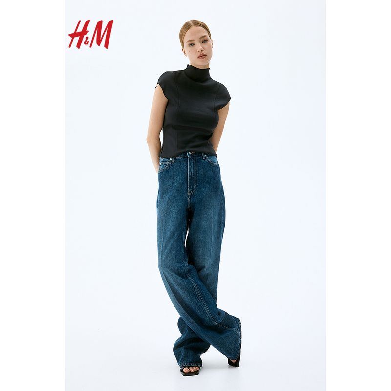 

HM Women s t-shirt Summer Comfortable Inner wear Slim fit Turtleneck Short sleeve Rib Short Jacket 1242293 Dark gray 155/76(XXS)