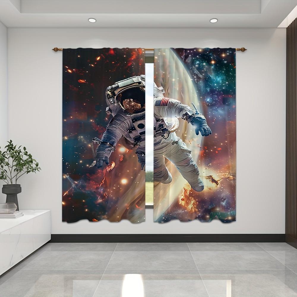 2pcs Astronaut Space Landscape Printed Curtain Privacy Window Drapes Rod Pocket Window Treatments For Bedroom Study Living Room