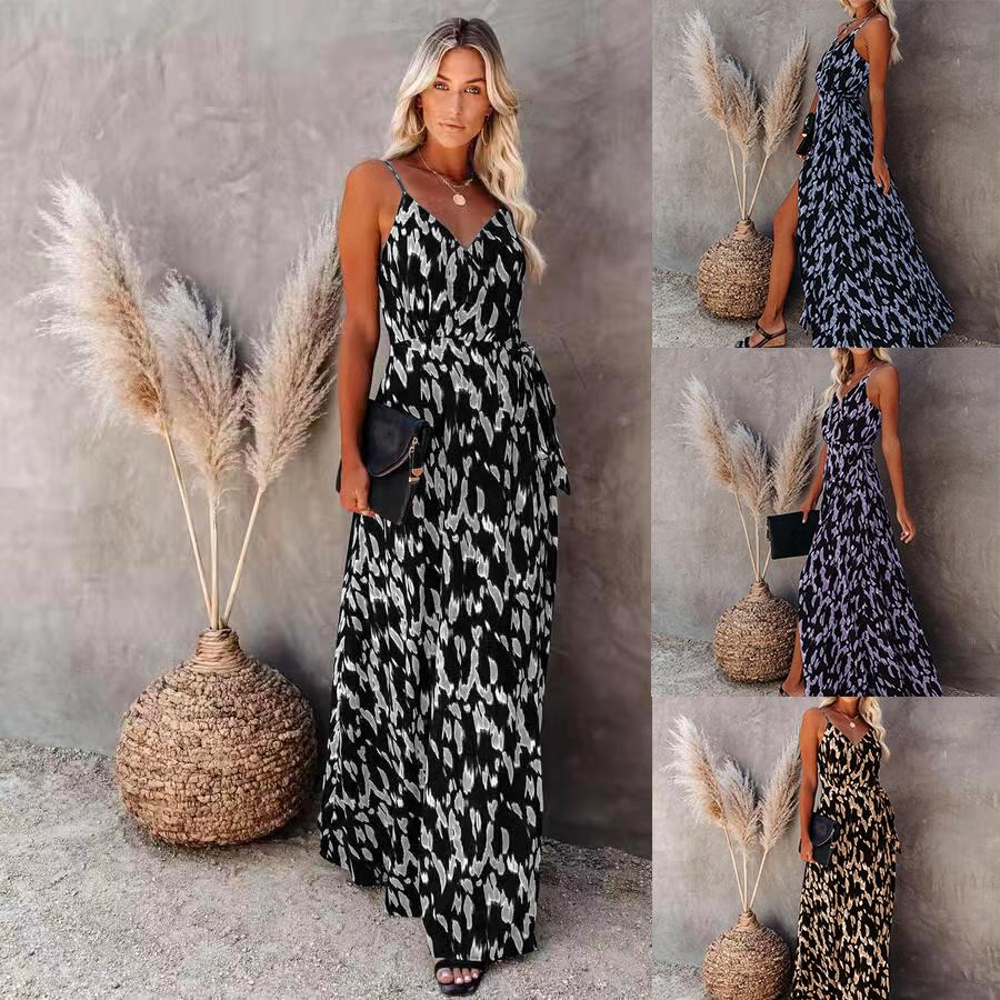 Sommerkleid für Damen, Neckholder, offener Neckholder, V-Ausschnitt, elastische Taille, sexy Print, langes Kleid