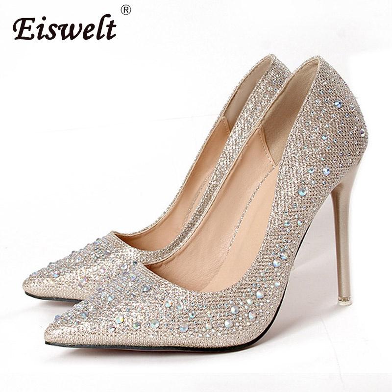 Scarpe Sexy con Tacco Alto Nero Oro Lusso Strass Matrimonio Festa Donna Eleganti Pumps