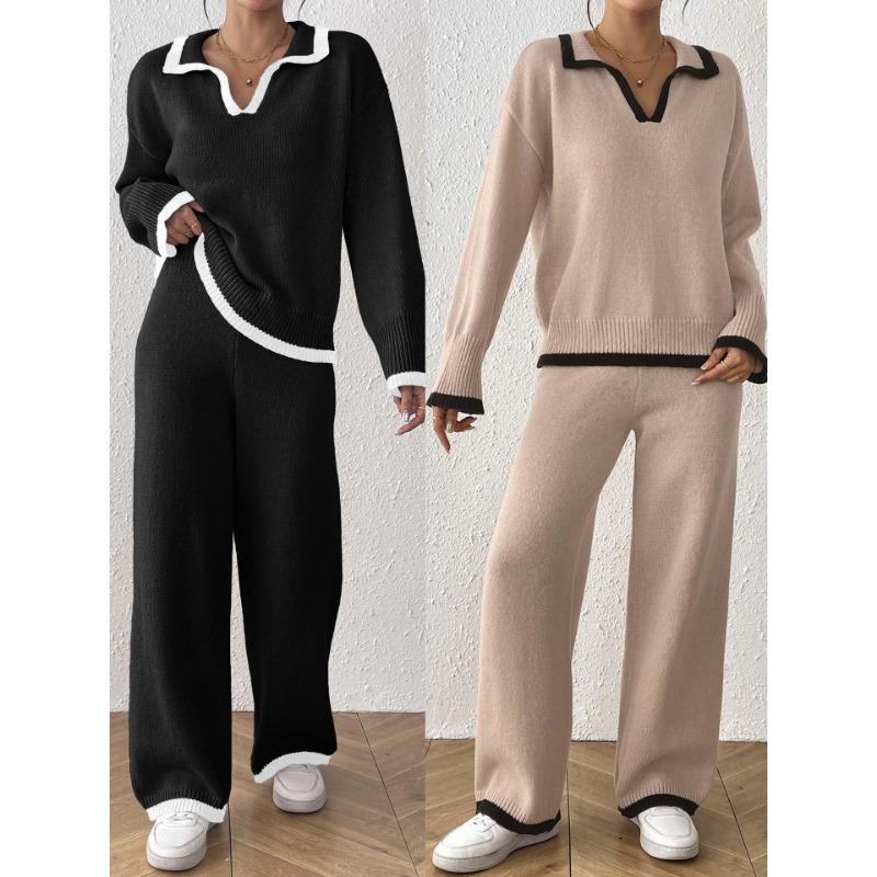 Women Two Piece Set Polo Neck Sweater And Wide Leg Pants