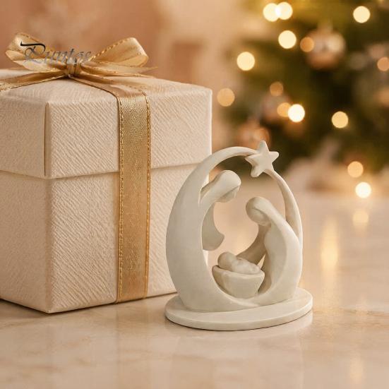 Fireplace Christmas Decor 3D Printed Holy Family Ornament, Abstract Crescent Sculpture with Matte White Home Ornament Star, Religious Desktop