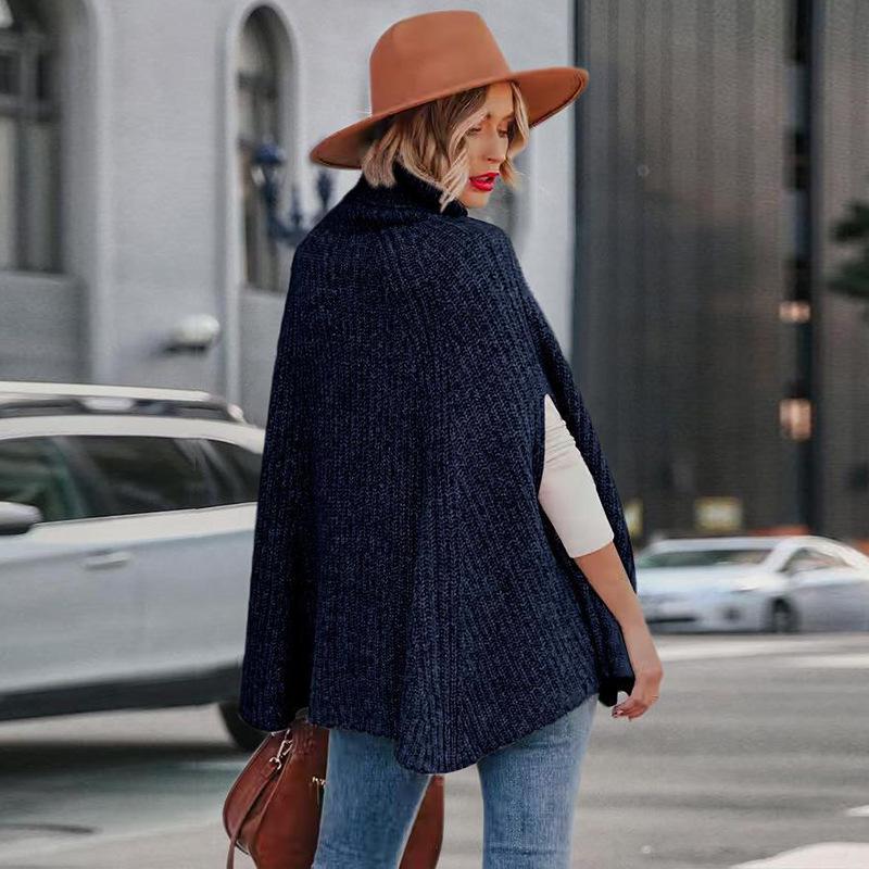2025 Autumn/Winter Women's High Neck Loose Fashion Cape Sweater - Solid Color