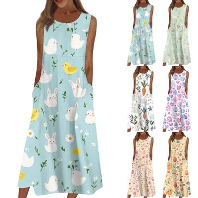 Robes imprimées décontractées pour femmes, col rond, basique, classique, extérieur, quotidien, sans manches, robes amples