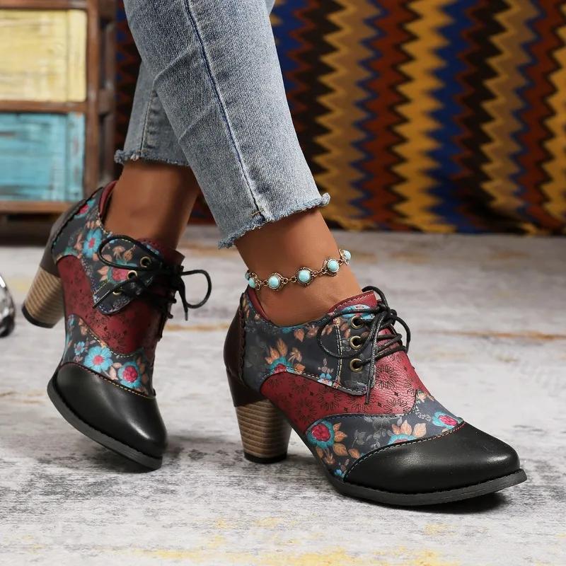 Women High Heel Shoes 2025 Autumn New Ankle Boots Flower Fashion Leather Women's Short Boots Female Casual Shoes Botas