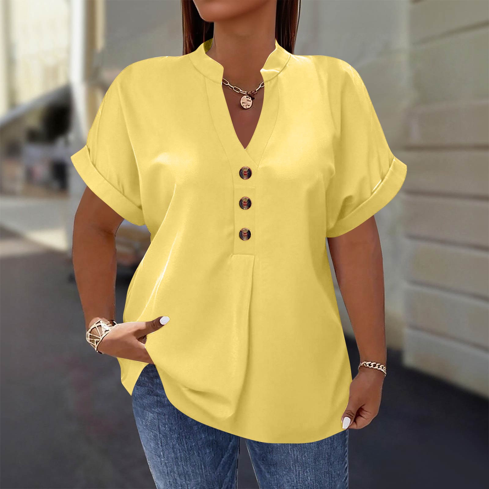 

Women s Fashion Short Sleeve V Neck Button Up Blouse Stylish Casual Plus Size Top XL жовтий