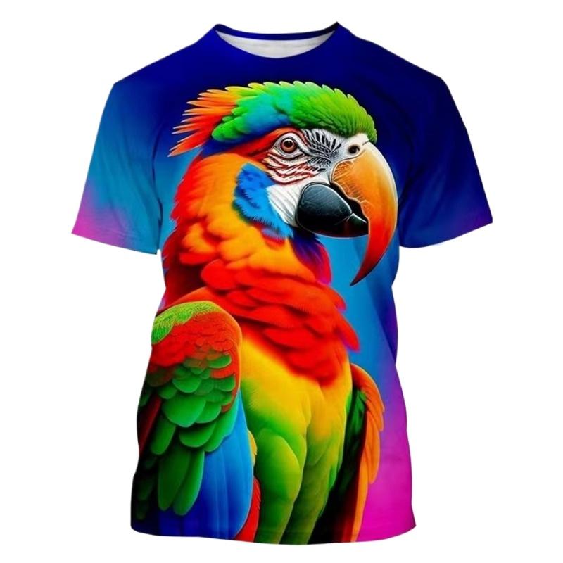 3D Parrot Men's Graphic T-Shirt Summer Street Men's Short Sleeve Tee Forest Bird Round Neck Men's Tops Breathable Men's T-Shirt