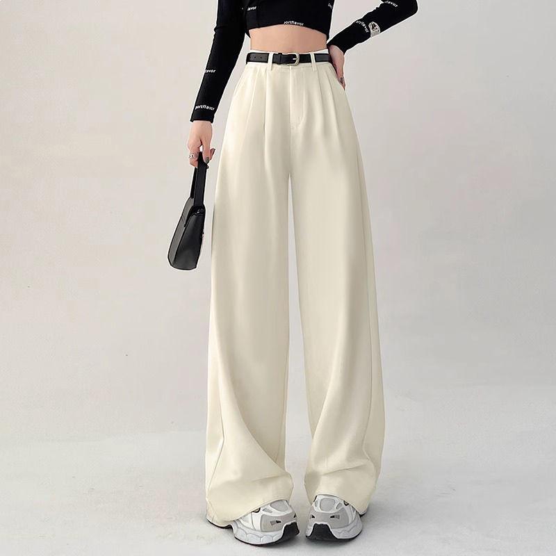

High-End Women s Wide-Leg Trousers: Spring-Summer 2026, High-Waist, Loose Fit, Floor-Length. Apricot Short with Black Belt, Length 95cm
