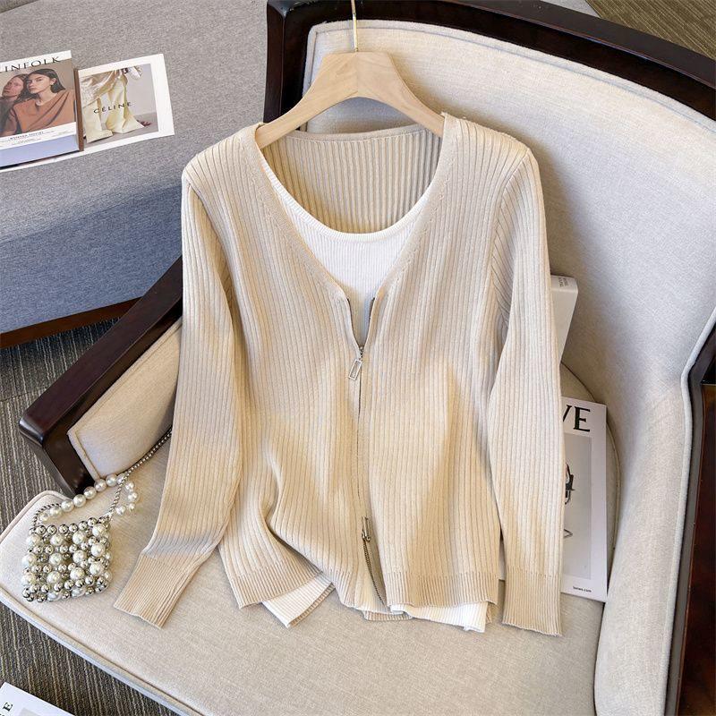 Women's Plus Size Loose Slimming Knit Sweater: Versatile Two-Piece Base Shirt for Spring & Autumn