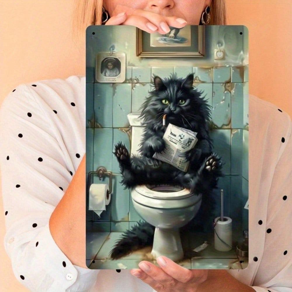 Funny Black Cat Reading Newspaper On Toilet Tin Metal Sign Wall Art Home Decor 8x12 Inch