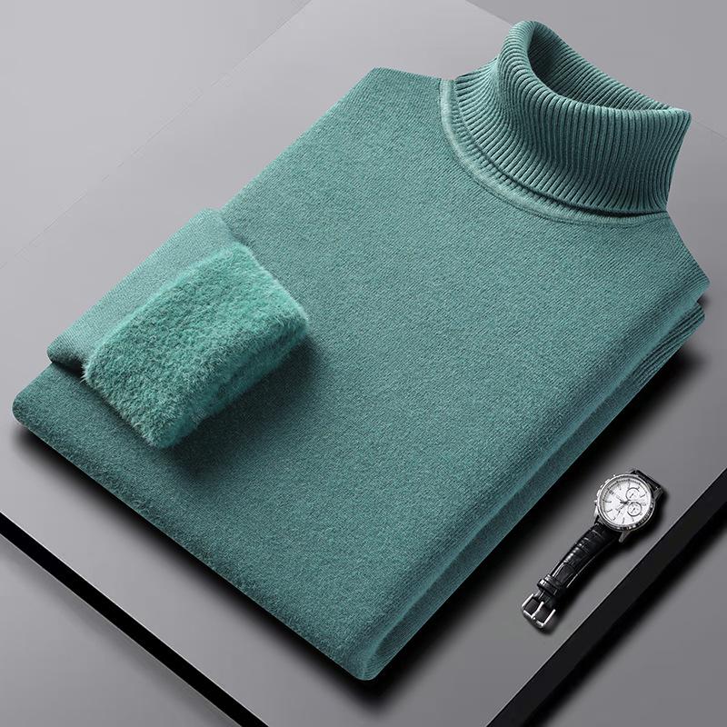 [Machine Washable] Men'S Semi-Turtleneck Sweater Integrated Fleece Winter Fleece Warm Sweater Close-Fitting Knitted Bottoming Shirt