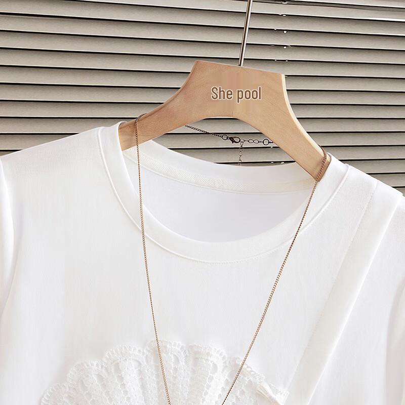 Women's Loose Fit Round Neck Lace Patchwork Short Sleeve T-Shirt