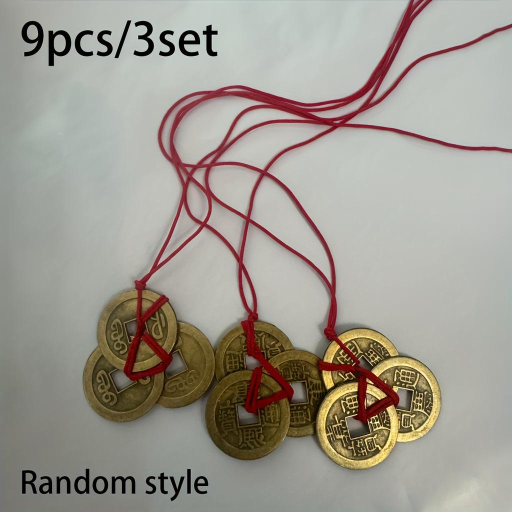 3/9pcs Retro Chinese Traditional Red Rope Lucky Coins-Antique Brass Feng Shui Decorative Pendant, Feng Shui Decoration,New Year