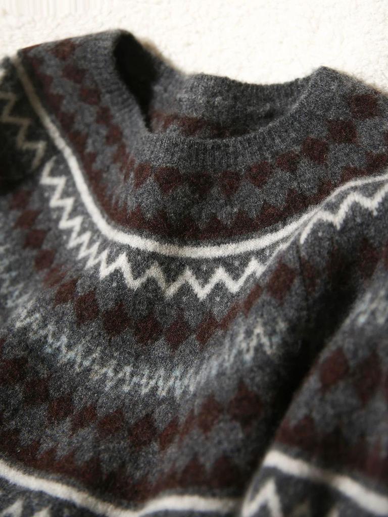 2025 Autumn/Winter Retro Fair Isle Jacquard Round Neck Long Sleeve Sweater