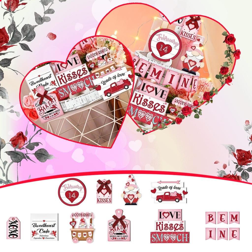 Valentine's Day Tiered Tray Decoration Set Wooden Valentine's Day Table Decoration Wooden Red XXOO Heart Hug Wedding Party Gift (Midget)