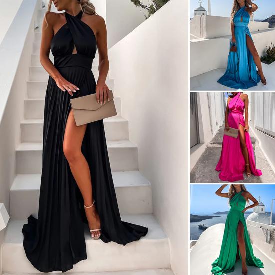 Waist Tight Backless High Split Hem Prom Dress Solid Color Cross Halter Women Long Dress Sundress