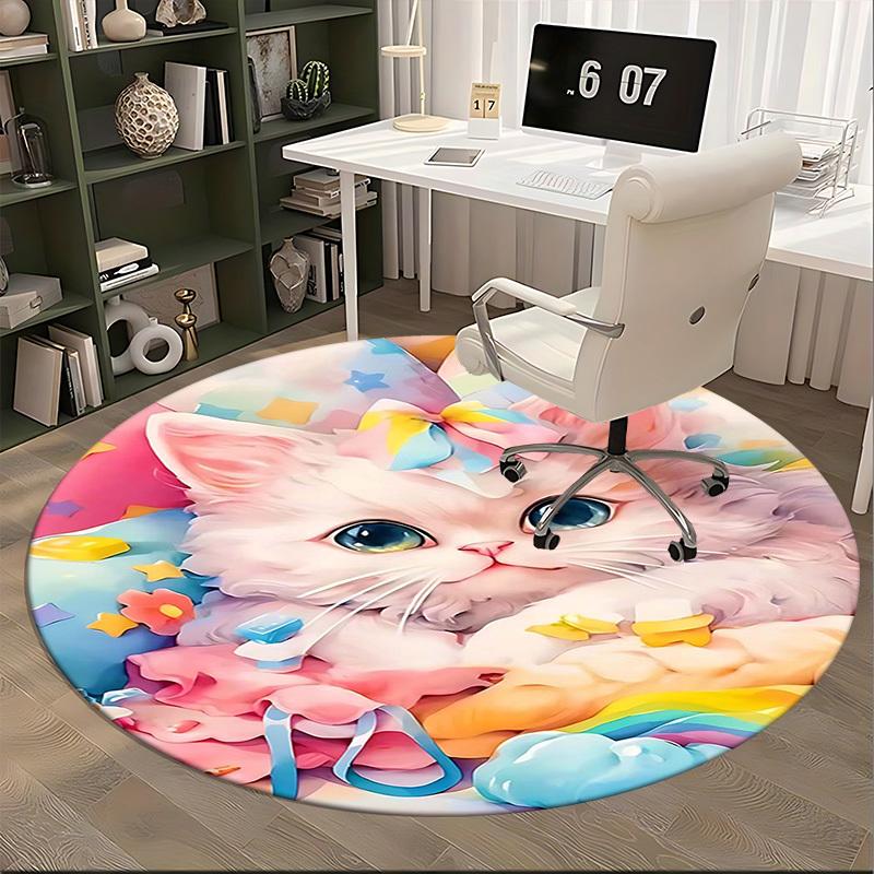 1pc Anime Design Round Carpet Cute Cat with Bow Tie Chair Mat, Non Slip Rug for Office & Home Decor