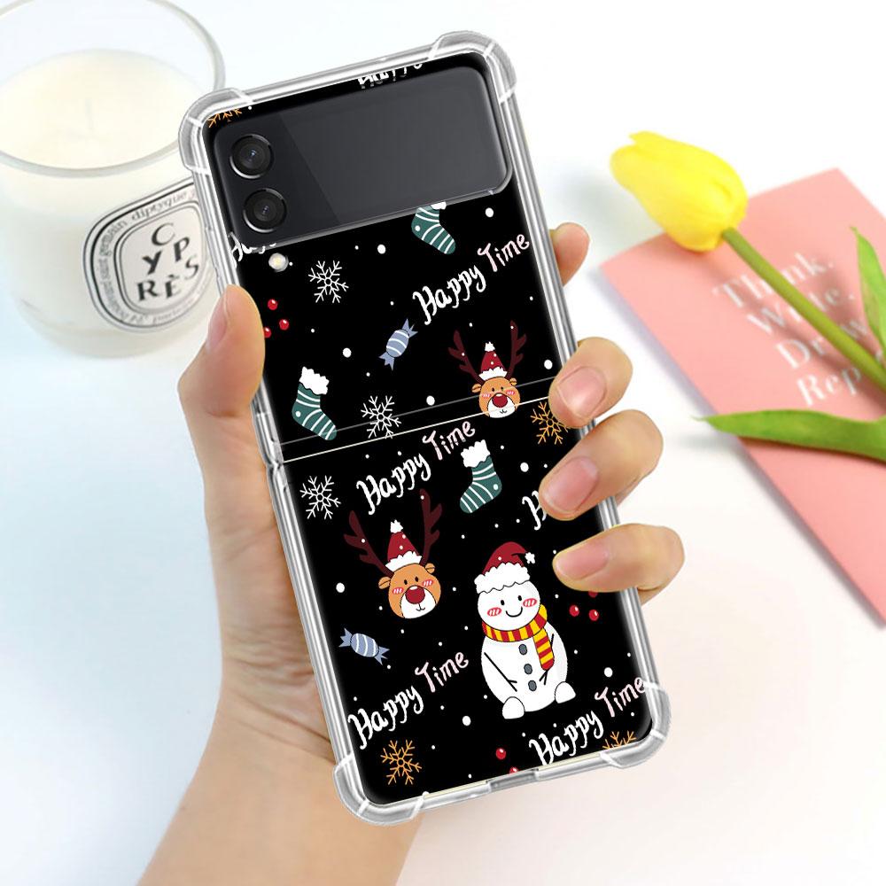 Luxury Case For Samsung Galaxy Z Flip 3 4 5G Funda Z Flip3 Clear PC Hard Shockproof Back Phone Shell Snowman Christmas Cartoon