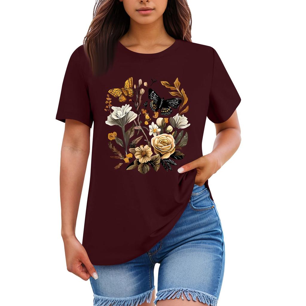 Ladies' Loose Comfortable Casual Fashionable Plant Flower Printed Round Neck Short Sleeved Shirt