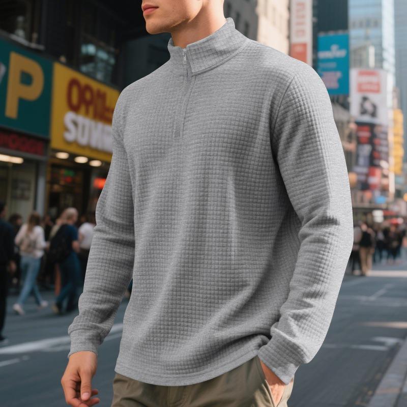 Men's Fashion Quarter Zip Small Plaid Sweatshirt, Stand Collar Long Sleeve Pullover for Spring Fall