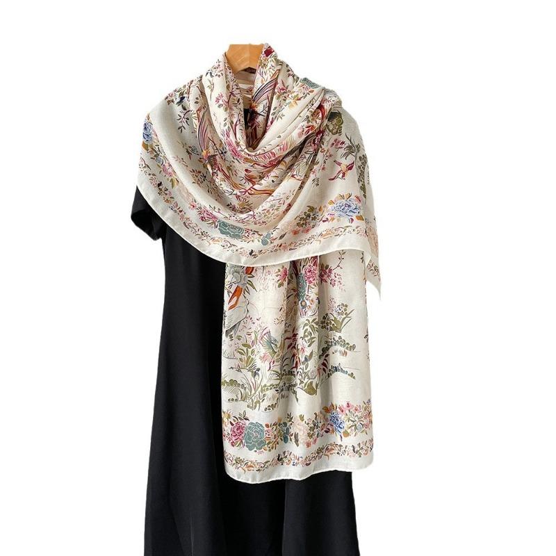 New cotton and linen scarf women's autumn high-end flower and bird printing silk scarf soft and thin shawl headscarf