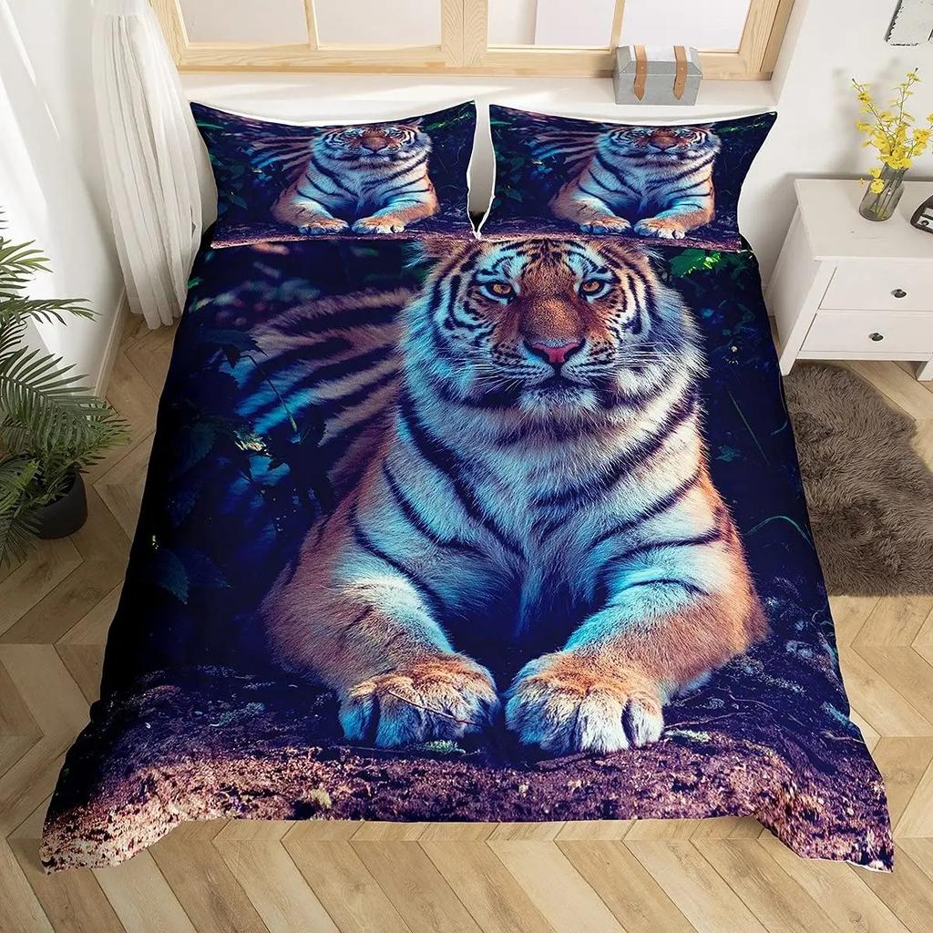 New Tiger Bedding Set Red Rose Flower Africa Big Cat Comforter Cover Set Animal Themed 2-3Pcs Queen Size Duvet Cover Set