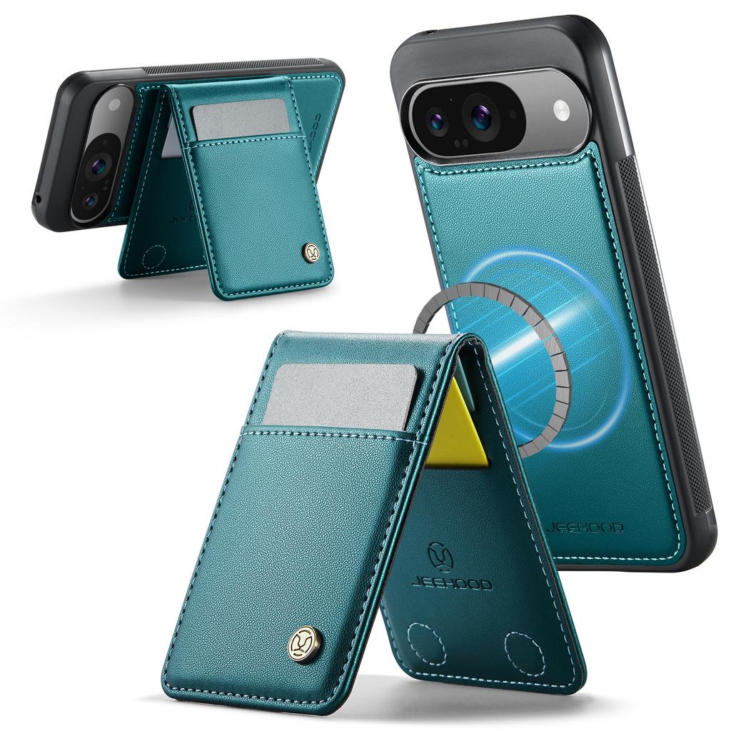 For Google Pixel 9 Pro/Google Pixel 9 Leather Back Cover Compatible with MagSafe JEEHOOD J06 Phone Case with Card Bag RFID Blocking