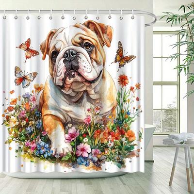 English Bulldog & Butterflies Shower Curtain - Watercolor Design, Water-Resistant Polyester, 12 Hooks, Landscape Theme