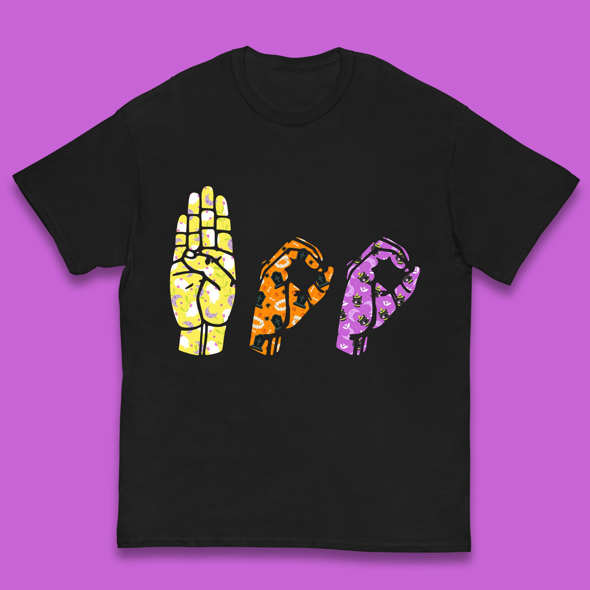 Halloween Hand Sign Language Boo Ghost American Sign Language Alphabet ASL Halloween Kids T Shirt 120
