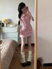 Pink Plaid Bow Neck Dress Women's Summer New Irregular Slim and Thin Sexy Hip Skirt