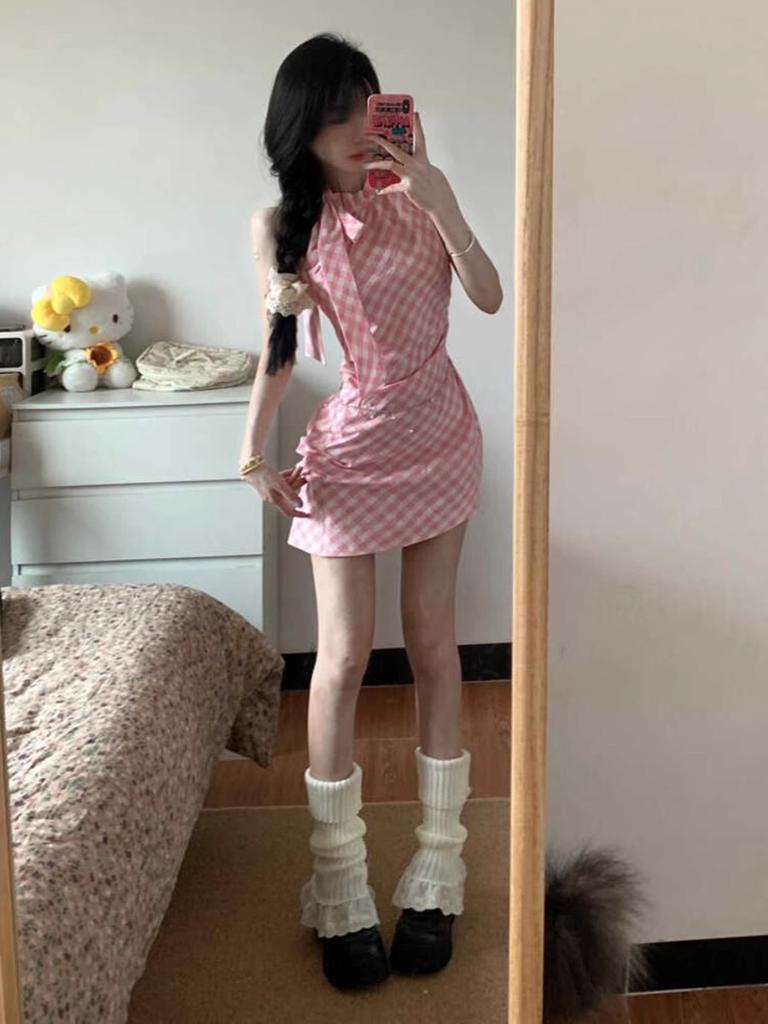 Pink Plaid Bow Neck Dress Women's Summer New Irregular Slim and Thin Sexy Hip Skirt