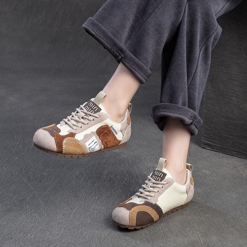 Johnature Color Contrasting Casual Flat Shoes Comfortable Lightweight Soft Soled Retro Women's Shoes