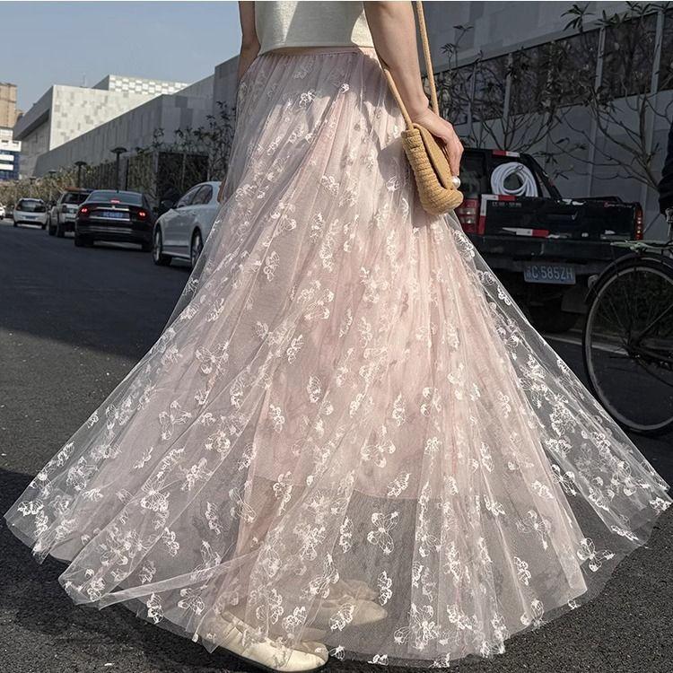 Fustă Midi A-Line din Tul cu Talie Înaltă pentru Femei, Primăvară/Vară - Croială Slim-Fit cu Broderie Fluturi, Imprimeu Floral și Estetică Dulce de Zână