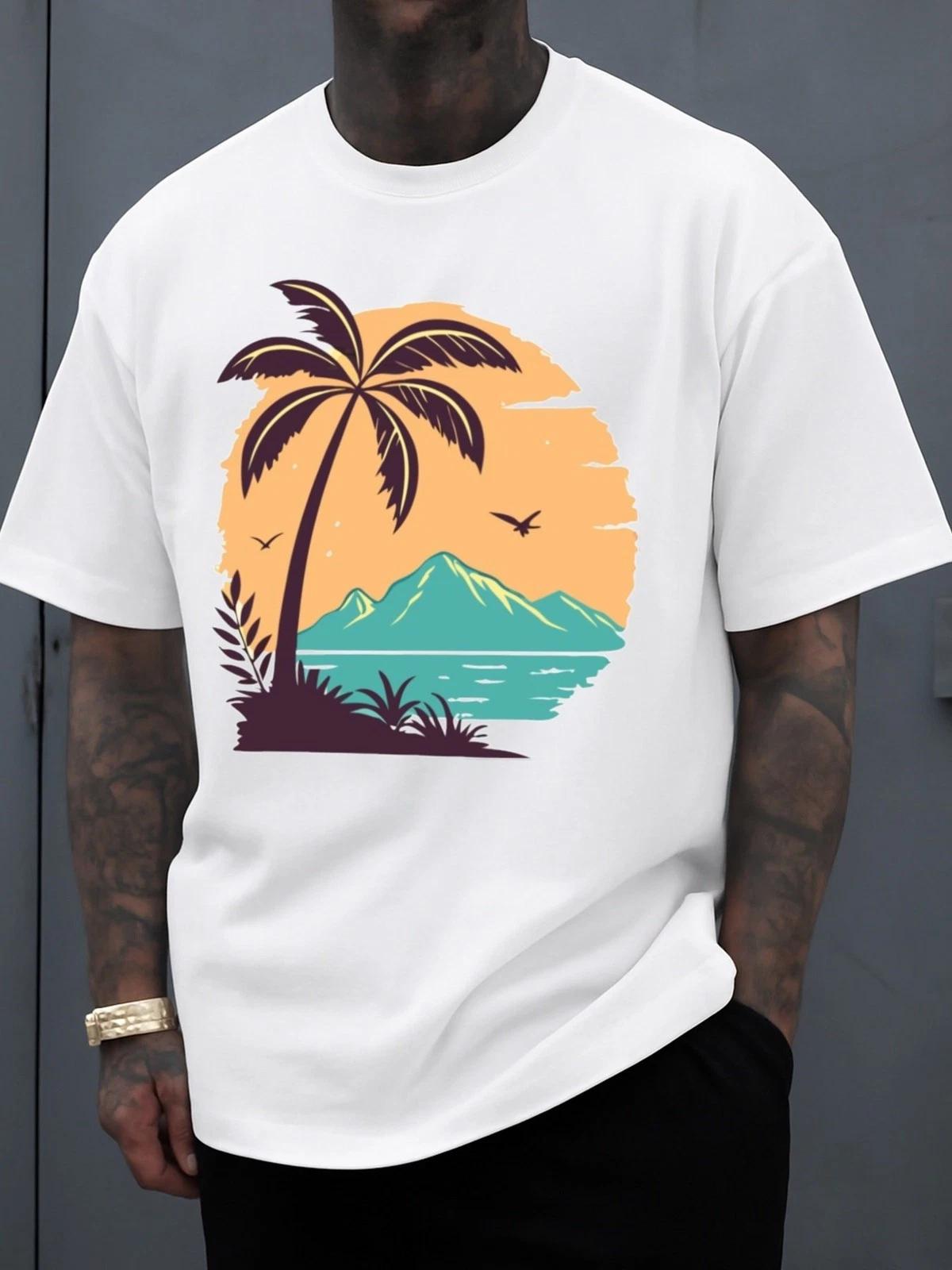 Palm Paradise Sunset Graphic Men’s T-Shirt Tropical Summer Beach Tee XS