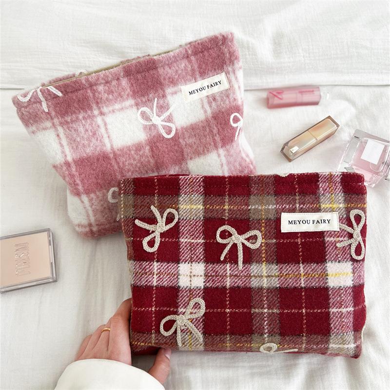 Embroidered Bow Pattern Checked New Year Valentine's Day Gift New Style Makeup Bag Toiletry Bag Inner Bag Storage Bag