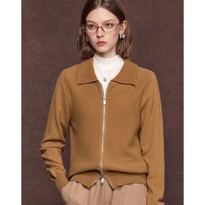 Women's 100% Wool Patchwork Lapel Double-Zip Knit Cardigan