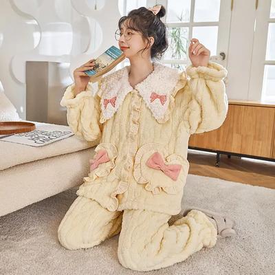 Woman Pajama Coral Fleece Thick Cute Student Autumn Winter Sleepwear New Flannel Homewear Set Famale Loungewear Suit Pijama
