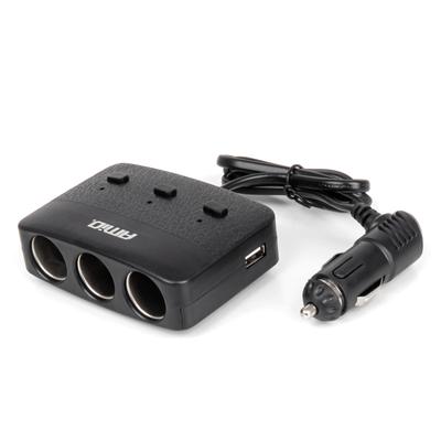 Cigarette Lighter Socket Splitter with Charger 2x USB-A ON/OFF LED 12V 24V 100W 70cm AMIO-04363